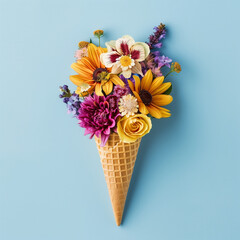 Creative Floral Arrangement in Ice Cream Cone against a Blue Background, Perfect for Spring, Summer, and Artistic Concepts