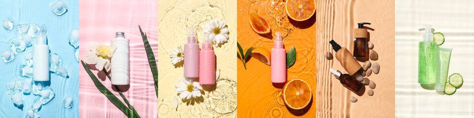Collage of cosmetic products with water splashes on color background, top view