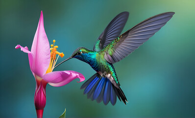 Fototapeta premium beautiful azure hummingbird drinking nectar from pink flower against azure blur background. macro. Digital artwork. Ai generated