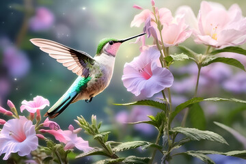 Fototapeta premium beautiful colorful hummingbird flying under soft pink flowers. close up. Digital artwork. Ai generated