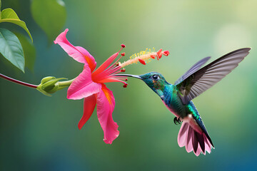 Fototapeta premium beautiful azure hummingbird flying under bright pink flower against green background. close up. Digital artwork. Ai generated