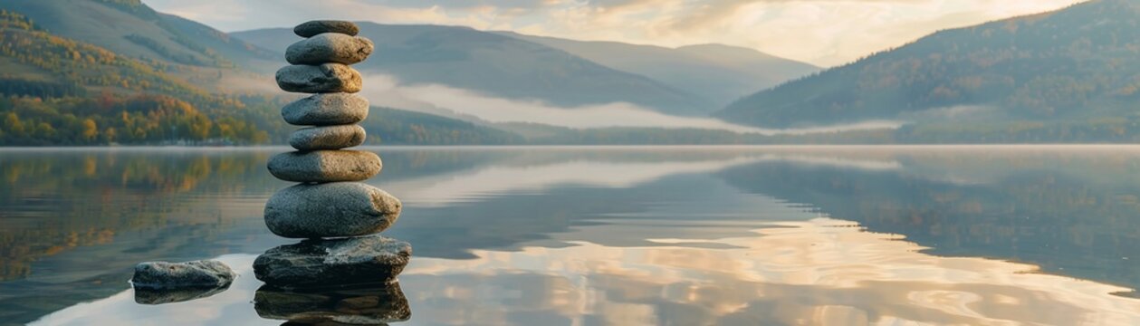 A solitary Zen stone stack beside a calm lake, reflecting the first light of sunrise, symbolizing balance