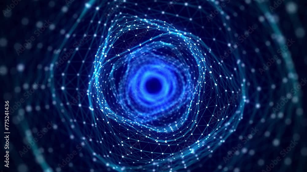 Poster Abstract 3d portal. Tunnel or wormhole. Digital background with connected blue dots. 3d rendering.