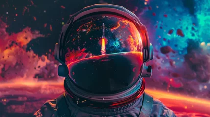 Abwaschbare Fototapete Astronaut helmet reflecting cosmic landscape © LabirintStudio