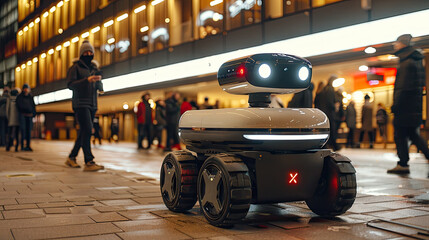 A robot delivers food, A modern automated food delivery robot drives along a city street