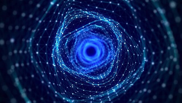 Abstract 3d portal. Tunnel or wormhole. Digital background with connected blue dots. 3d rendering.
