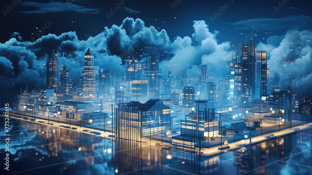 Poster Concept of a digital city with cloud connections. Futuristic network in the clouds.