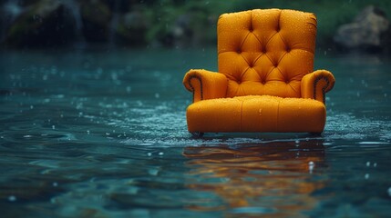Yellow armchair floating on water - obrazy, fototapety, plakaty