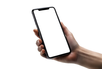 front view of modern smartphone with transparent screen in hand on transparent png background, smartphone in hand with transparent screen, png mockup for any background and any image on the screen