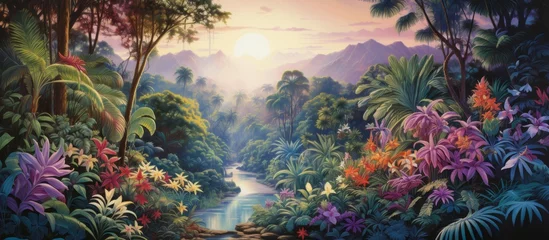 Fotobehang A vibrant artwork portraying a lush tropical jungle scene with a winding river flowing through dense foliage and towering mountains in the background © AkuAku