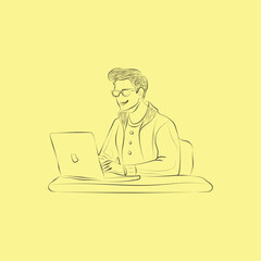 Hand drawn man use laptop and professional man use computer outline vector illustration design