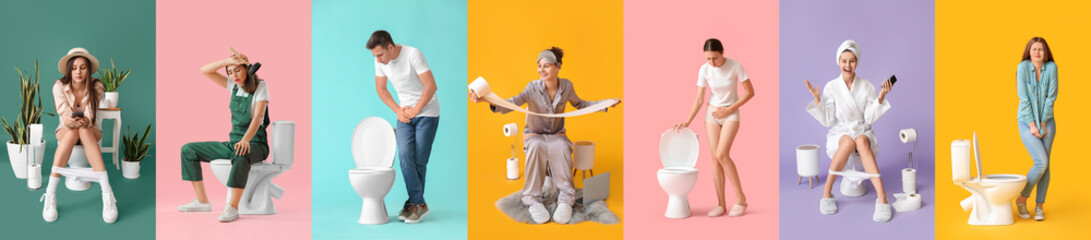 Group of young women with toilet bowls on color background