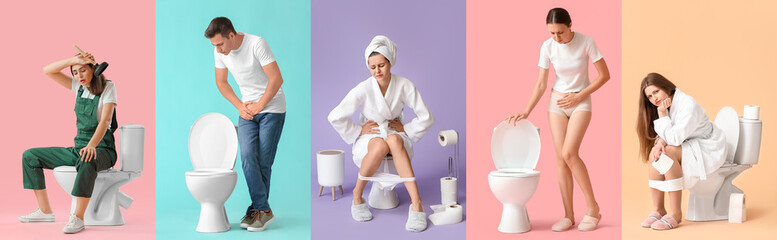 Collage of young people with toilet bowls on color background