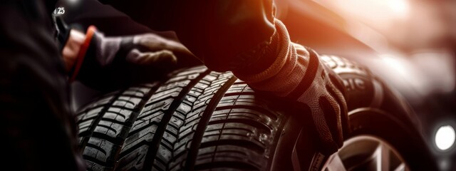tire changing tyre repair car service shop background banner with copy space, close-up of auto mechanic hand on tire in automobile fixing garage