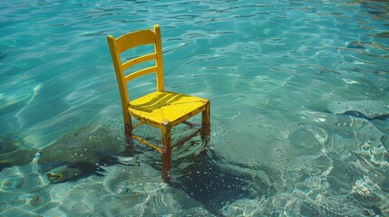 Yellow chair submerged in clear blue water