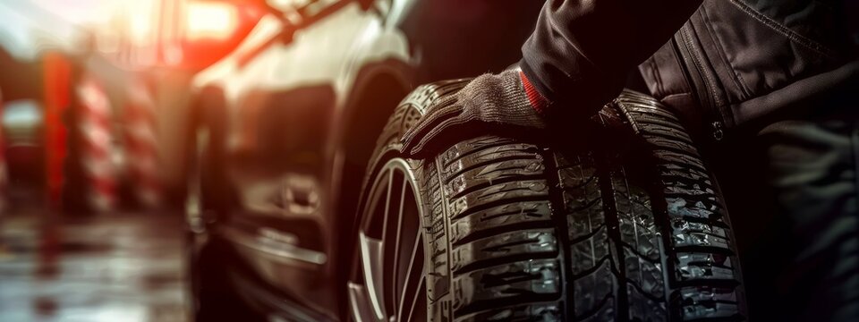 tire changing tyre repair car service shop background banner with copy space, close-up of auto mechanic hand on tire in automobile fixing garage