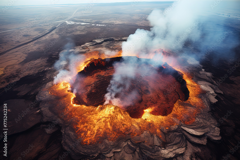 Wall mural volcano eruption from a bird view. volcano crater and magma flow shot from above. genertated ai.