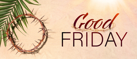 Crown of thorns with palm leaf on sand background. Good Friday concept