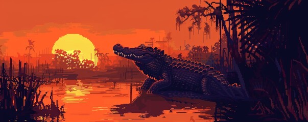 Pixel art of an alligator at sunset - obrazy, fototapety, plakaty