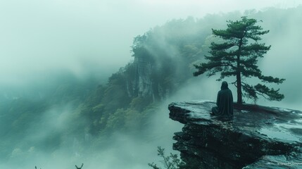 Person meditating on a misty cliff edge