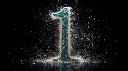 Number 1 made with a splash of water on a black background. symbol one, wet, clean and fresh
