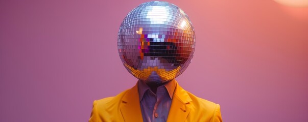 Person with a disco ball head on a purple background