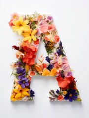 Letter A made of real natural flowers and leaves, on a white background. Spring, summer and valentines creative idea