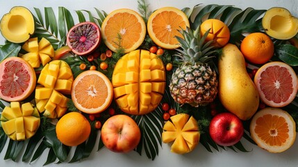 An AI-designed image featuring a frame made from an assortment of tropical fruits, including mango, pineapple, and papaya, presented on a white background, where the vivid yellows and oranges