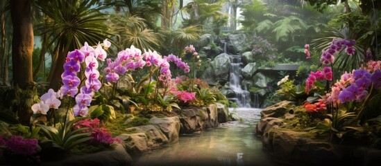 Surrounded by vibrant foliage, a tranquil waterfall cascades in the heart of a lush tropical garden teeming with life