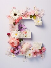 Letter E made of real natural flowers and leaves, on a white background. Spring, summer and valentines creative idea.