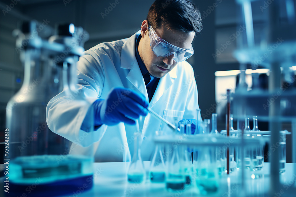 Poster generated with ai image of laboratory settings with scientists conducting drug research