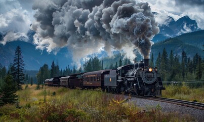Fototapeta premium black steam locomotive pulling a chain of vintage carriages through a stunning autumnal mountain landscape with vibrant trees and a snowy peak