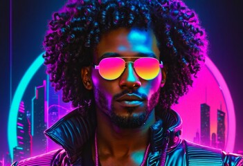 fashion portrait of african black man with beard and curly hair is wearing leather jacket on futuristic urban neon background, retrowave style