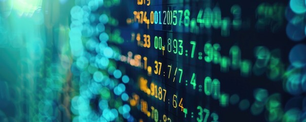 Red and blue digital LED panel displaying numbers and data, an abstract concept of data analytics, network, and computing