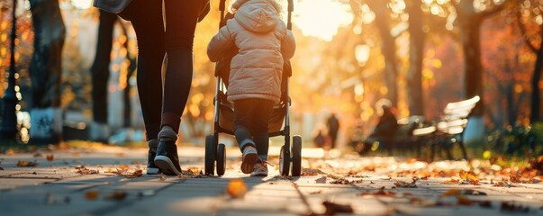 mother enjoying a walk with her baby in a stroller along a park's pathway, shaded by trees