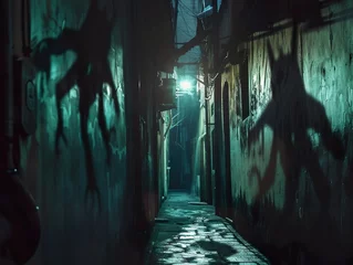 Foto op Aluminium A dark alley with eerie shadows of creatures © Michael