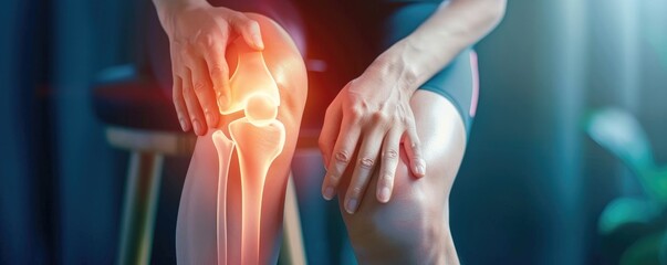 A person experiencing knee pain highlighted with a glow, indicating discomfort and the need for care
