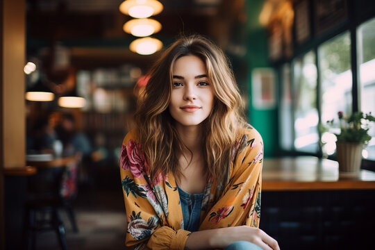 Generative AI image of cute woman enjoying break pause in modern cafe