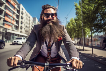 Fototapeta na wymiar A beautiful young adult of Mongolian hipster man riding his bicycle to work, a frontside portrait of a guy commuting on a bicycle on a sunny day in an urban street at mid-day 