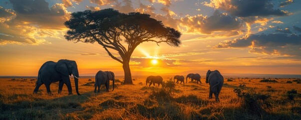 herd of elephants trekking across the African savanna under a breathtaking sunset