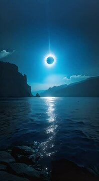 A wide medium shot capturing the stark contrast between the dark silhouette of the landscape and the glowing blue eclipse overhead