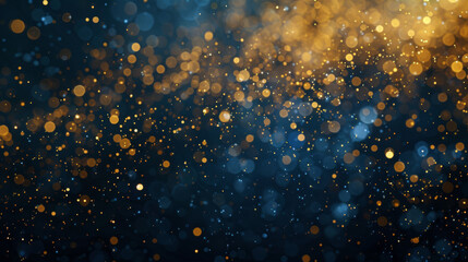 Abstract Background with Dark Blue and Gold particle. Christmas Golden light shine particles bokeh on navy blue background. Gold foil texture. Holiday concept.