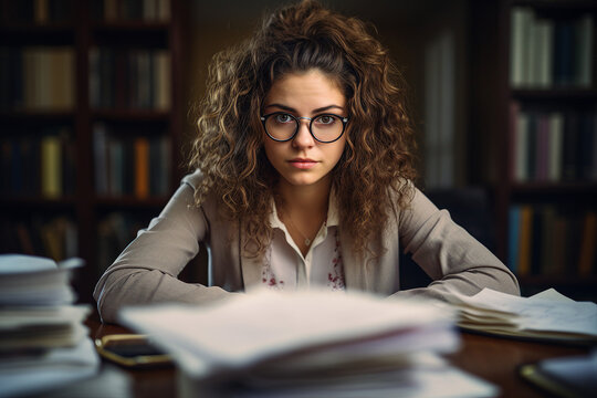 AI generated photo of young student preparing for an exam studying literature in library