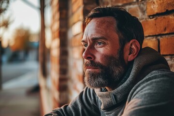Portrait of a bearded man in a gray hoodie on the background of a brick wall
