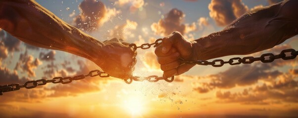 Two hands breaking a steel chains against a dramatic sunset backdrop portrays a powerful message of freedom and liberation. - obrazy, fototapety, plakaty