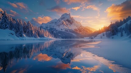 Winter wonderland  snowy mountain peak, icy lake reflection, stunning sunset glow