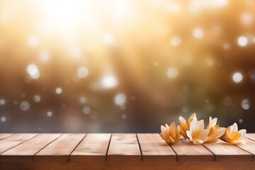 Empty wooden planks or tabletop in front of a blurred bokeh flowers and silk with water drops and...