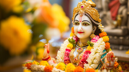 Divine idol of Hindu Goddess adorned for Navratri festival with colorful garlands and bokeh background.