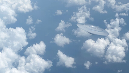 Fototapeta premium 3d rendering- Flying saucer UFO falling from space to earth clouds Alien invasion sci-fi concept,4K, 2024