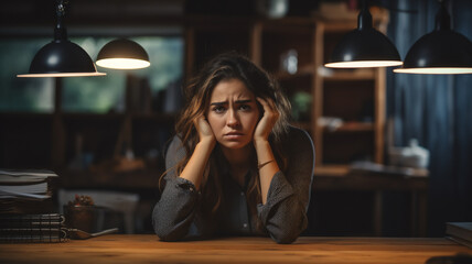 A tired and frustrated young adult and Caucasian business woman is sitting at her wooden office desk with her hands in her hair with side-lighting 